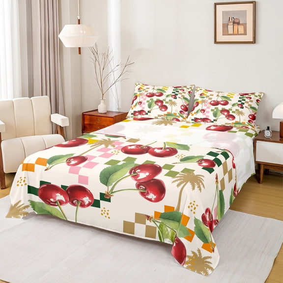 Feelyou Cartoon Cherry Fruit Bed Sheets for Kids, Fashion Buffalo Plaid King Sheets, Coconut Tree Sheet Set, Breathable Home Decor, 4-Piece