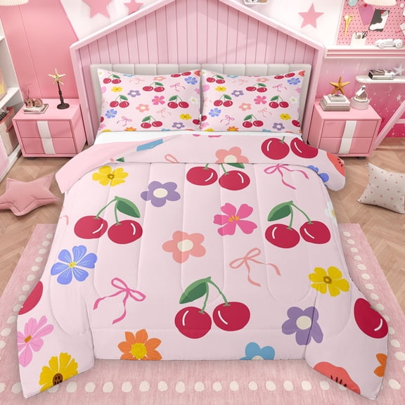 Feelyou Cartoon Cherry Fruit Bedding Comforter Set for Kids, Kawaii Pink Flower Twin Comforter Sets, Princess Cute Ribbon Reversible Bedding Set, Super Cozy Room Decor, 2 Pieces