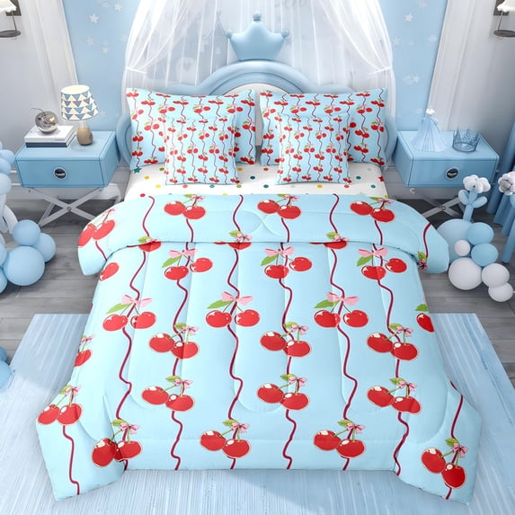 Feelyou Cartoon Cherry Kid Bedding Comforter Set 7 Pieces, Kawaii Bowknot Full Bedding Set