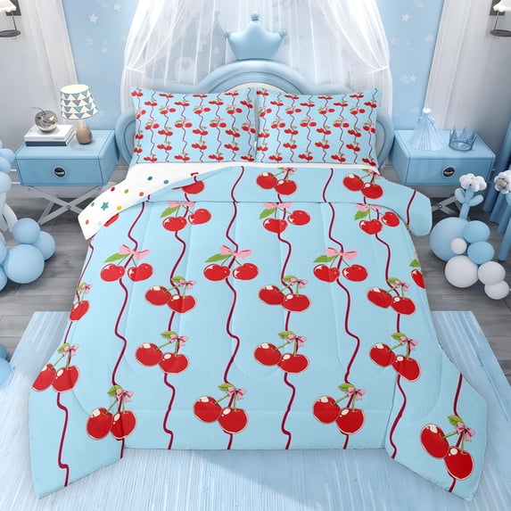 Feelyou Cartoon Cherry Kid Twin Comforter Sets, Kawaii Bowknot Bedding Set, 2-Piece