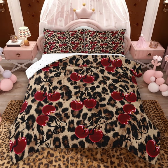Feelyou Cartoon Cherry Teen Twin Comforter Sets, Brown Cheetah Print Bedding Set, 2 Pieces
