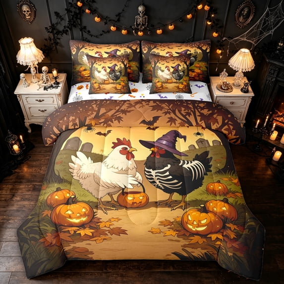 Feelyou Cartoon Chicken Pumpkin Full Size Bedding Sets, Spooky Bat Tombstone Full Size Bed in a Bag, Orange Brown, Halloween Reversible, 7-Piece