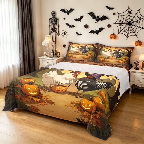 Feelyou Cartoon Chicken Pumpkin Queen Sheets, Spooky Bat Tombstone Queen Sheet Sets, Orange Brown, 4-Piece, 1 Flat Sheet, 1 Fitted Sheet and 2 Pillowcases