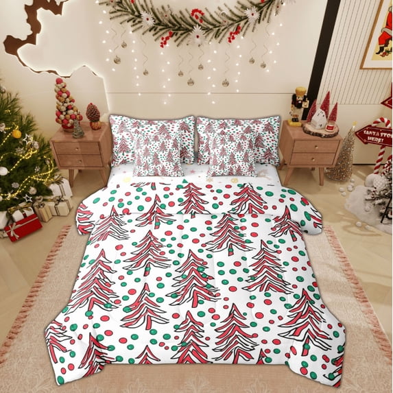 Feelyou Cartoon Christmas Tree Bedding Comforter Set 7pcs, Green Red Dots King Bedding Sets, Happy Holiday Reversible Bed Sheets, Breathable Home Decor