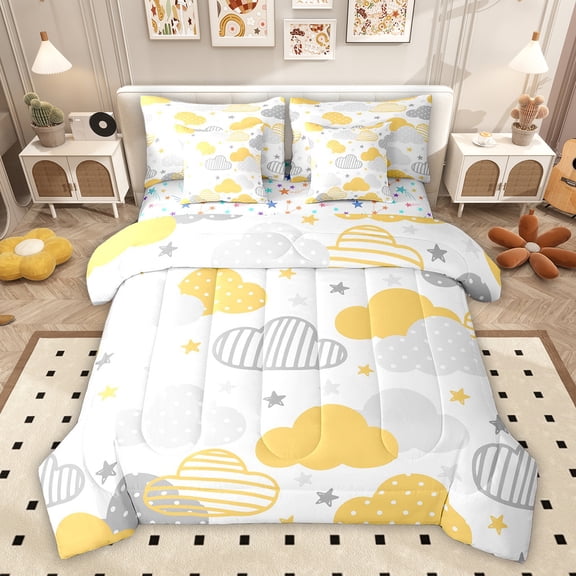 Feelyou Cartoon Cloud Stars Twin Bedding Sets 7-Piece, Boy Girl Bedding Comforter Set