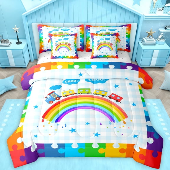 Feelyou Cartoon Colorful Puzzle Bedding Comforter Set 7pcs, Kawaii Rainbow Cloud King Bedding Sets, Train Truck Vehicle Bed Sheets, Luxury Bedroom Decor