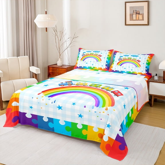 Feelyou Cartoon Colorful Puzzle Twin Sheet Sets, Kawaii Rainbow Cloud Twin Fitted Sheet, Train Truck Vehicle Flat Sheet, Luxury Bedroom Decor, 3 Pieces