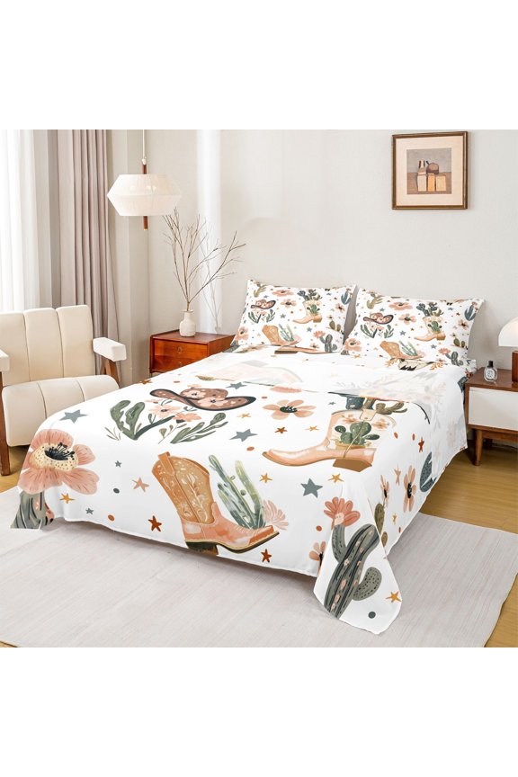 Cartoon Cowgirl Boot Queen Sheet Sets, Cactus Flower Stars Bed Set, 4 Pieces