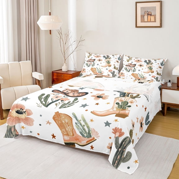 Feelyou Cartoon Cowgirl Boot Twin Sheet Sets, Cactus Flower Stars Bedding, 3 Pieces