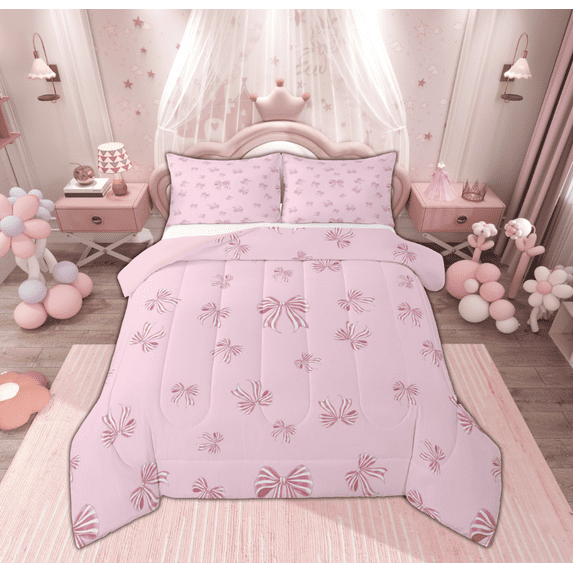 Feelyou Cartoon Cute Bow Full Size Comforter Sets for Kid, Princess Ribbon Bedding Comforter Set, Kawaii Stripes Bowknot Reversible Bedding Sets, Luxury Bedroom Decor, 3 Pieces