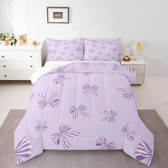Feelyou Cartoon Cute Bow Full Size Comforter Sets for Kid, Purple Princess Ribbon Bedding Comforter Set, Stripes Geometric Reversible Bedding Sets, Ultra Soft Home Decor, 3pcs