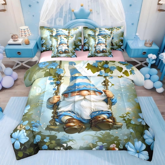 Feelyou Cartoon Cute Gnome Bedding Comforter Set 7 Pieces for Kids, Blue Flower Floral Full Bedding Set, St. Patrick's Day Reversible Fitted Sheet Flat Sheet, Super Cozy Room Decor