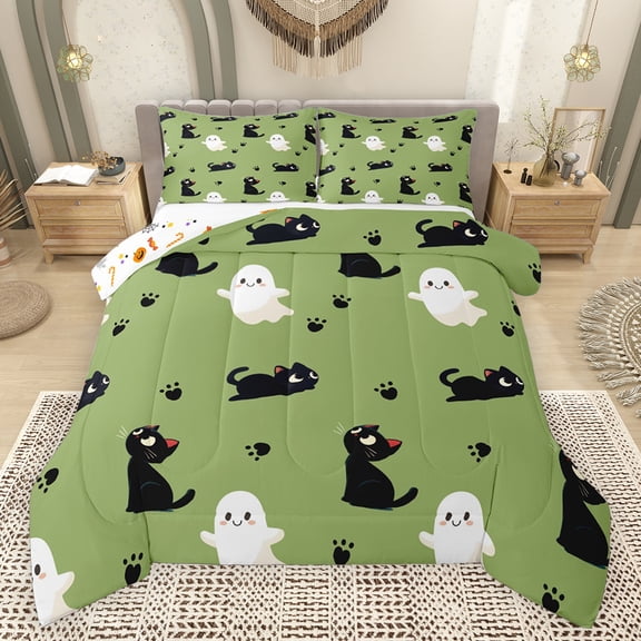 Feelyou Cartoon Cute Kitten Bedding Comforter Set for Child, Kawaii Ghost Print Twin Comforter Sets, Black Pet Cat Reversible Bedding Set, Breathable Home Decor, 2 Pieces