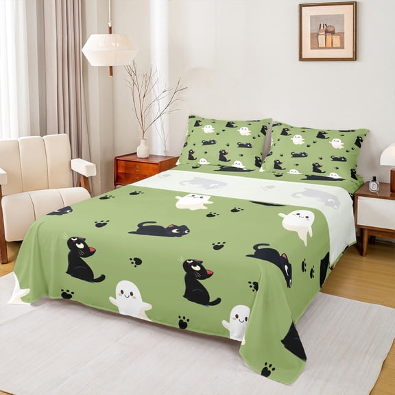 Feelyou Cartoon Cute Kitten Twin Sheet Sets for Child, Kawaii Ghost Print Twin Fitted Sheet, Black Pet Cat Flat Sheet, Breathable Home Decor, 3 Pieces