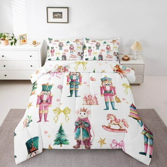 Feelyou Cartoon Cute Princess Queen Comforter Set for Kid, Nutcracker Royal Guarder Bedding Sets, Merry Christmas Theme Reversible Bedding Comforter Set, Lightweight Room Decor, 3pcs