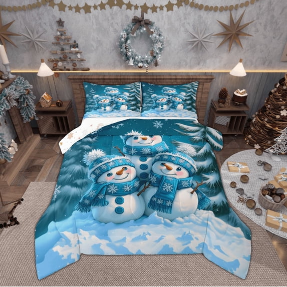 Feelyou Cartoon Cute Snowman 01, Blue Xmas Tree Twin Comforter Sets, Merry Christmas Reversible Bedding Set, Super Cozy Room Decor,2-Piece