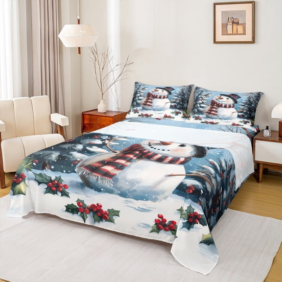 Feelyou Cartoon Cute Snowman Twin Sheet Sets, Poinsettia Flower Leaf Twin Fitted Sheet, Merry Christmas Flat Sheet, Breathable Home Decor, 3pcs