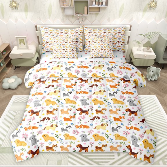Feelyou Cartoon Dachshund Twin Bedding Sets 7pcs, Kawaii Dog Animal Bedding Comforter Set
