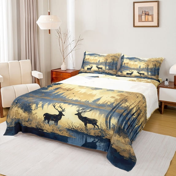 Feelyou Cartoon Deer Moose Twin Sheet Sets, Western Rustic Cabin Twin Fitted Sheet, Watercolor Farmhouse Flat Sheet, Lightweight Room Decor, 3pcs