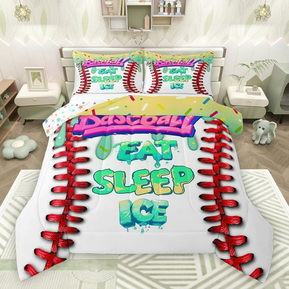Feelyou Cartoon Desserts Kids Full Size Comforter Sets, Baseball Ice Hockey Bedding Comforter Set, Happy Birthday Party Reversible Bedding Sets, Lightweight Room Decor, 3-Piece