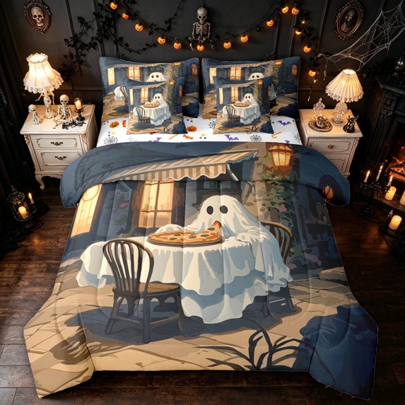 Feelyou Cartoon Dining Ghost Full Size Bedding Sets, Happy Halloween Pizza Full Size Bed in a Bag, Slate Blue, Halloween Reversible, 7pcs