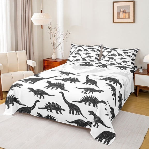 Feelyou Cartoon Dinosaur Animal Bed Sheets, White Black King Sheets, 4 Pieces