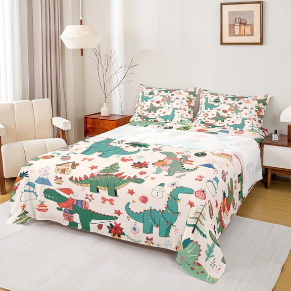Feelyou Cartoon Dinosaur Animal Twin Sheet Sets, Merry Christmas Twin Fitted Sheet, Teens Boys Girls Kids Flat Sheet, Super Cozy Room Decor, 3 Pieces