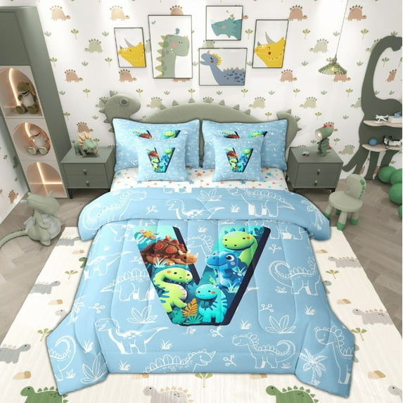 Feelyou Cartoon Dinosaur Bedding Comforter Set 7 Pieces for Boys, Initial Letter V Full Bedding Set, Cartoon Theme Reversible Fitted Sheet Flat Sheet, Lightweight Room Decor