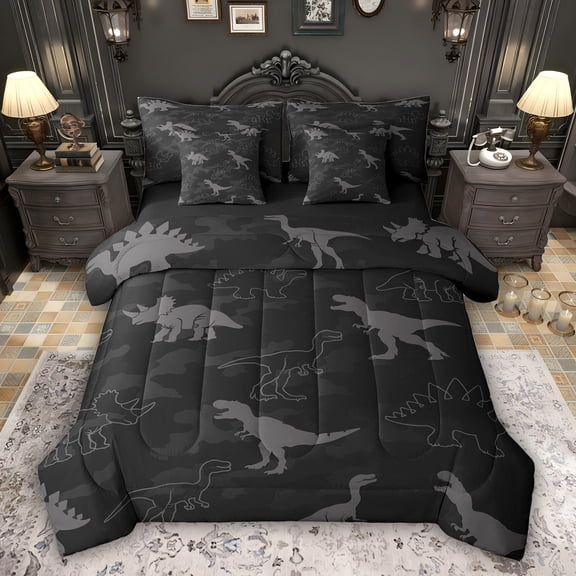 Feelyou Cartoon Dinosaur Bedding Comforter Set 7pcs, Black Camo Abstract King Bedding Sets