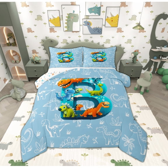 Feelyou Cartoon Dinosaur Bedding Comforter Set for Boys, Initial Letter B Twin Comforter Sets, Cartoon Theme Reversible Bedding Set, Microfiber Bedroom Decor, 2-Piece