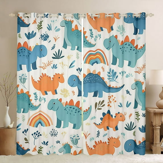 Feelyou Cartoon Dinosaur Boys Blackout Curtains Set of 2 (52x84 Each), Jungle Leaf Botanical Window Curtains, Kawaii Rainbow Print Curtains and Drapes, Black Out Curtains Decor