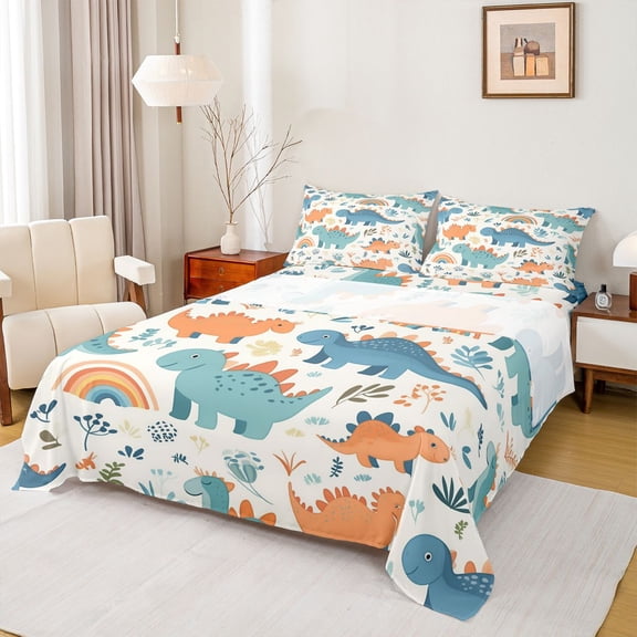 Feelyou Cartoon Dinosaur Boys Twin Sheet Sets, Jungle Leaf Botanical Twin Fitted Sheet, Kawaii Rainbow Print Flat Sheet, Super Cozy Room Decor, 3pcs