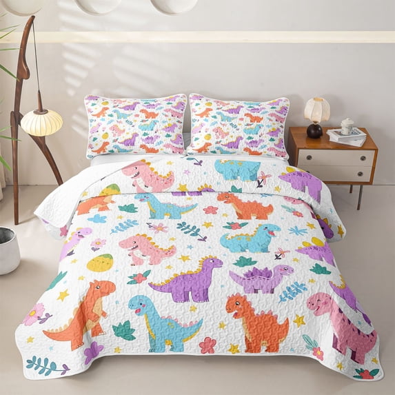 Feelyou Cartoon Dinosaur Egg Quilt King for Boys Girls, Flower Floral King Coverlet Set, Pink Purple, 3 Pieces