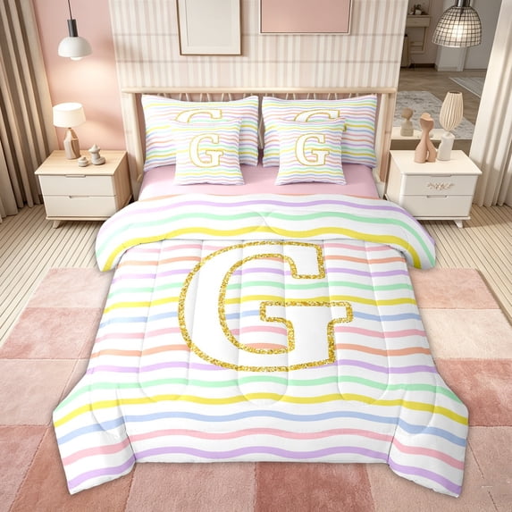 Feelyou Cartoon Dinosaur Letter A Print Twin Bedding Sets for Boys Girls, Cute Animal Bedding Comforter Set, Blue, Pink Reversible, 7pcs