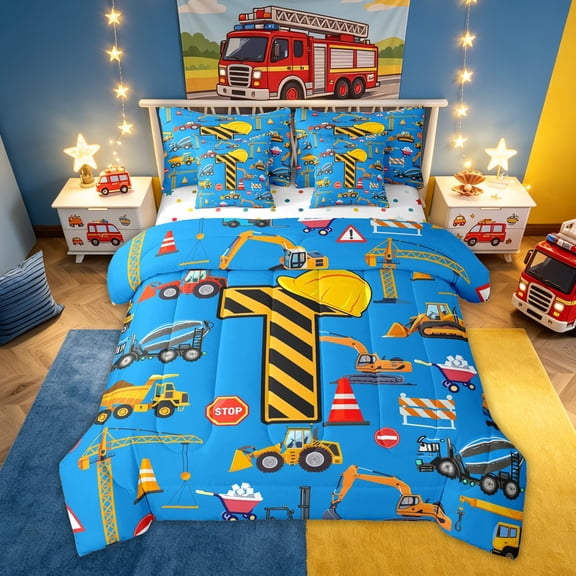 Feelyou Cartoon Dinosaur Letter A Print Twin Bedding Sets for Boys Girls, Cute Animal Bedding Comforter Set, Blue, Polkadot Reversible, 7 Pieces
