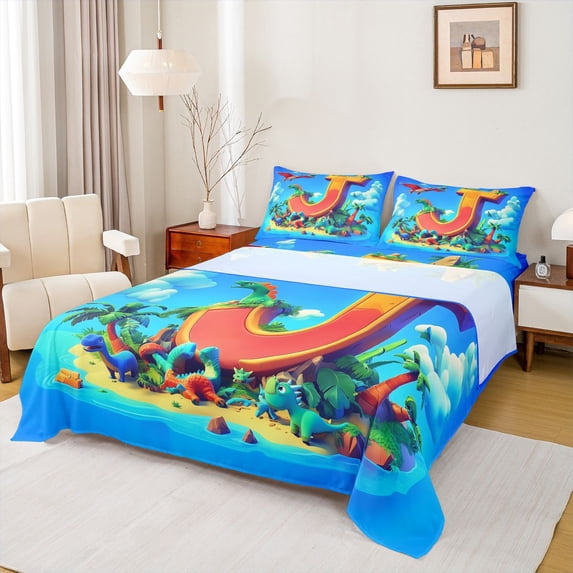 Feelyou Cartoon Dinosaur Letter J Print Full Size Sheets for Boys Girls, Cute Animal Bed Sheets, Blue, 4-Piece