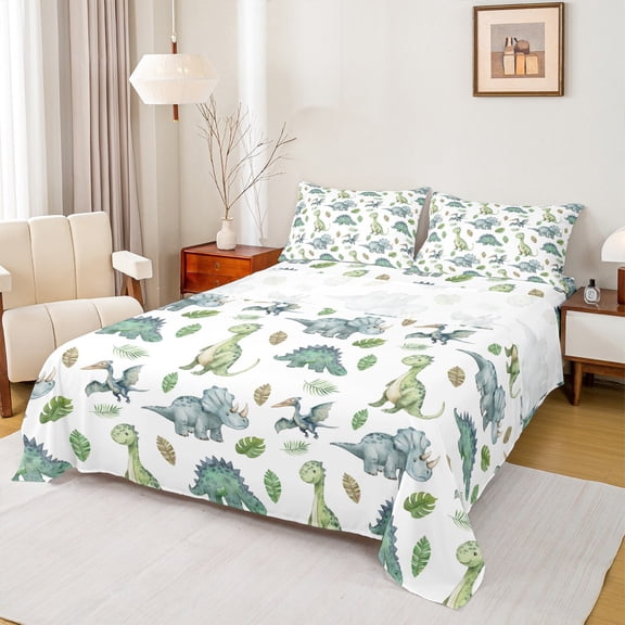 Feelyou Cartoon Dinosaur Queen Sheet Sets, Cute Jungle Wildlife Flat Sheet, Palm Leaf Botanical Queen Fitted Sheet, Ultra Soft Home Decor, 4pcs