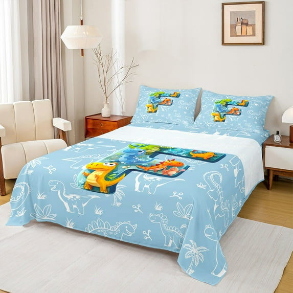 Feelyou Cartoon Dinosaur Queen Sheet Sets for Boys, Initial Letter F Flat Sheet, Cartoon Theme Queen Fitted Sheet, Ultra Soft Home Decor, 4-Piece