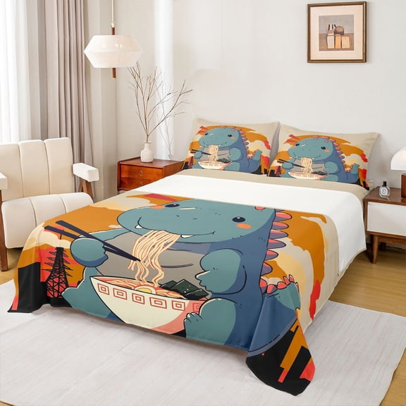 Feelyou Cartoon Dinosaur Teens Twin Sheet Sets, Kawaii Ramen Dino Twin Fitted Sheet, Japanese Anime Animal Flat Sheet, Lightweight Room Decor, 3pcs