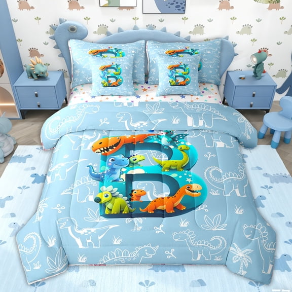 Feelyou Cartoon Dinosaur Twin Bedding Sets for Boys Kids, Initial Letter B Bedding Comforter Set, Colorful Stars Reversible, 7 Pieces