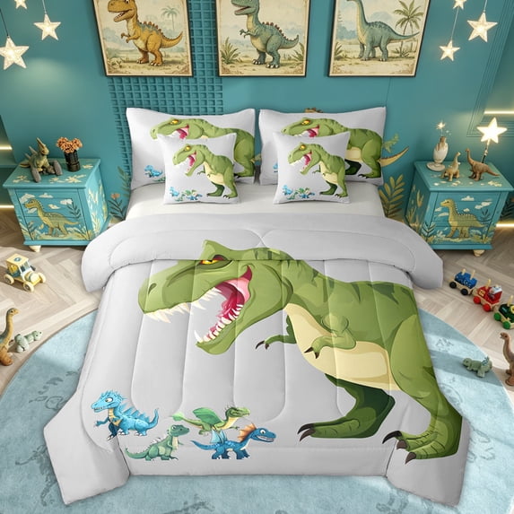 Feelyou Cartoon Dinosaur Twin Bedding Sets for Kids Boys, Flying Dino Wildlife Bedding Comforter Set, Grey Green, Grey Reversible, 7 Pieces