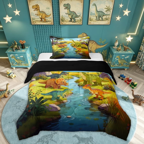 Feelyou Cartoon Dinosaur Twin Comforter Sets for Kids, Nature Jungle Wildlife Bedding Set, Green Blue, Black Reversible, 2pcs