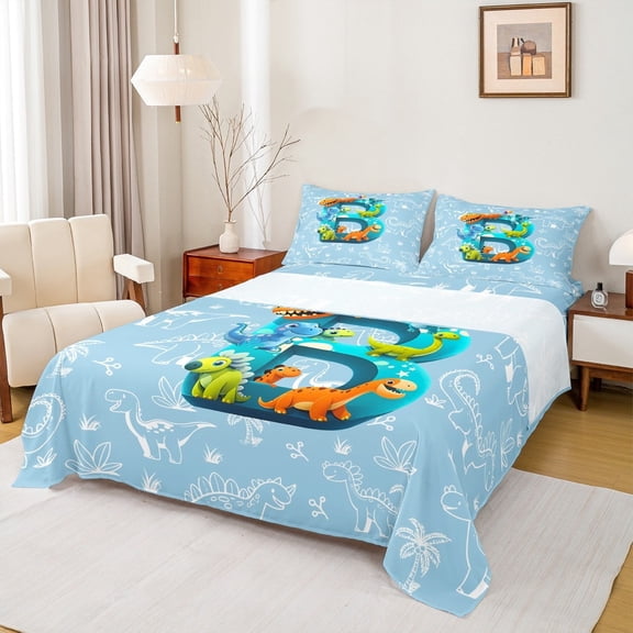 Feelyou Cartoon Dinosaur Twin Sheet Sets for Boys, Initial Letter B Twin Fitted Sheet, Cartoon Theme Flat Sheet, Microfiber Bedroom Decor, 3-Piece