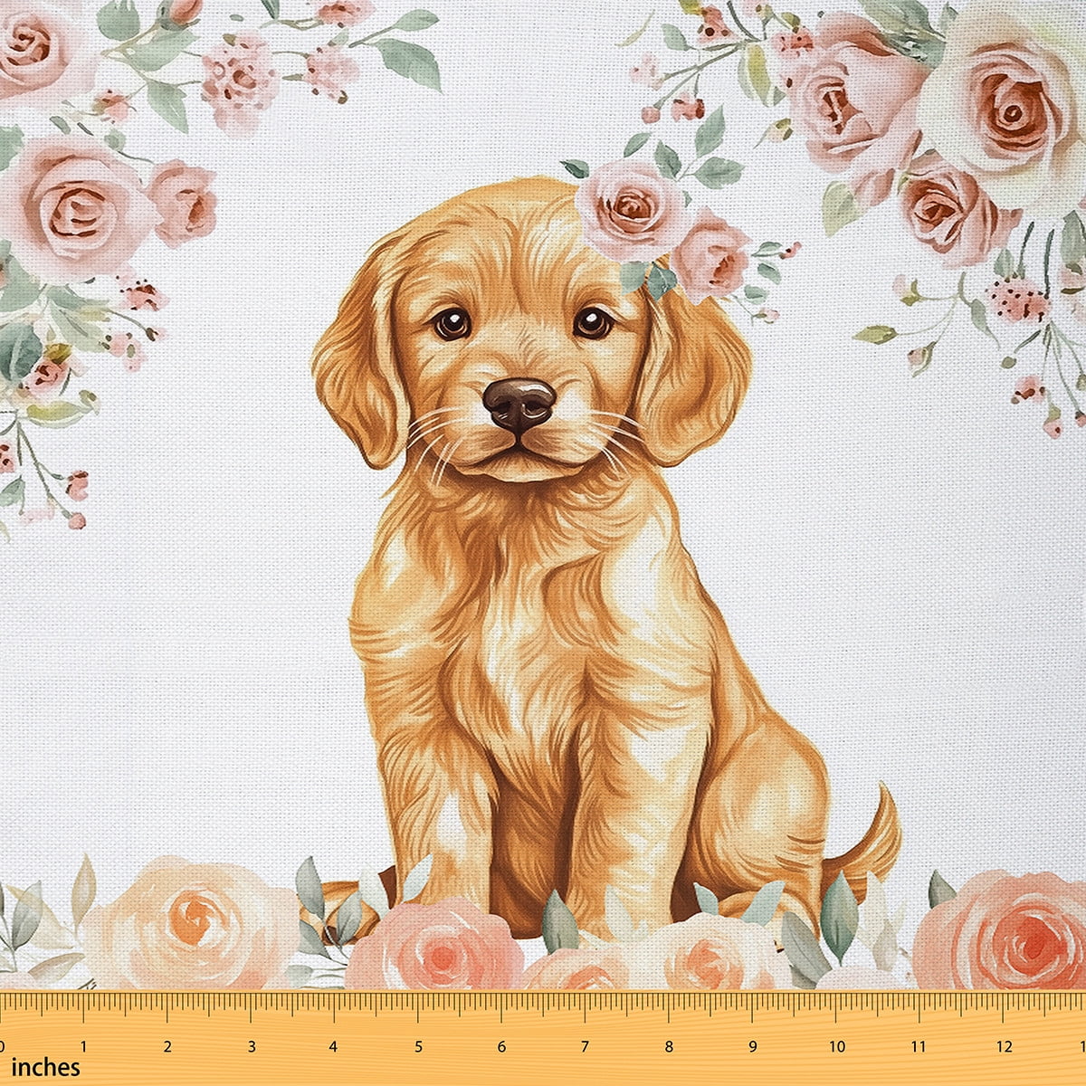 Feelyou Cartoon Dog Fabric by the Yard 10 Yards for Kids, Kawaii Animal Home Decor Fabric by the Yard, Pink Rose Floral Sewing Fabric, Ultra Soft Home Decor