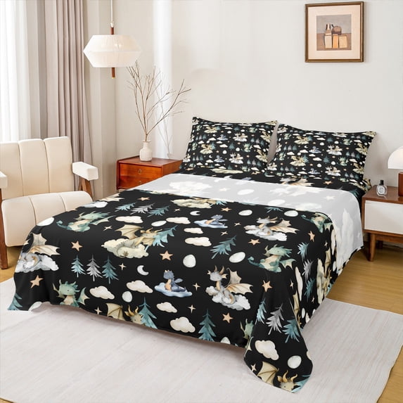 Feelyou Cartoon Dragon Animal Twin Sheet Sets, Dreamy Stars Cloud Black Twin Fitted Sheet, Teens Kids Boys Girls Flat Sheet, Breathable Home Decor, 3-Piece