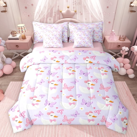 Feelyou Cartoon Duck 7-Piece King Bedding Set, Kawaii Bowknot Butterfly Flower Sheets
