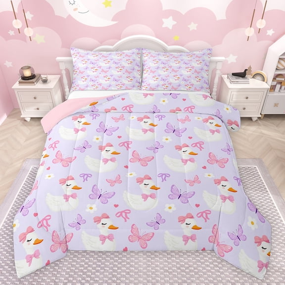Feelyou Cartoon Duck Animal Queen Comforter Set, Fashion Kawaii Bowknot Bedding Sets, Butterfly Flower Reversible Bedding Comforter Set, Luxury Bedroom Decor, 3pcs
