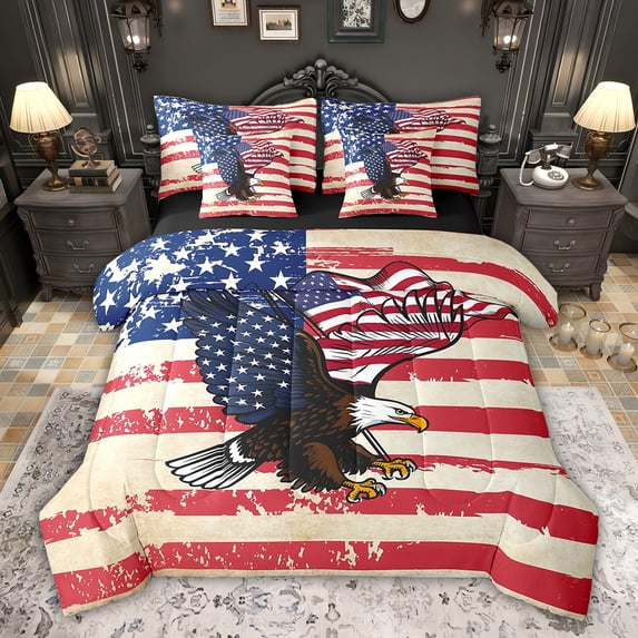 Feelyou Cartoon Eagle Child Twin Bedding Sets 7-Piece, American Independence Day Bedding Comforter Set, Retro US Flag Reversible Sheet Sets, Ultra Soft Bedroom Decor