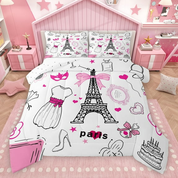 Feelyou Cartoon Eiffel Tower Queen Comforter Set, Pink Fashion Women Bedding Sets, Princess Bowknot Dress Reversible Bedding Comforter Set, Luxury Bedroom Decor, 3-Piece
