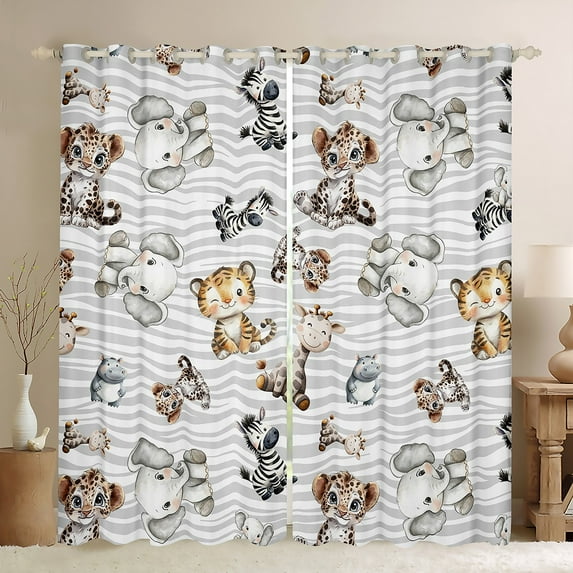 Feelyou Cartoon Elephant Tiger Black Out Curtains, Cute Leopard Zebra Curtains Pack of 2 (42x63 Each), Chic Abstract Grey Bedroom Curtains, Curtains and Drapes Room Decor